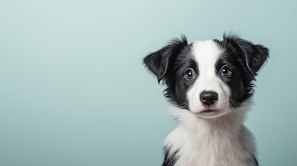 Cool looking border collie puppy isolated on light background. Copy space for text on the side.