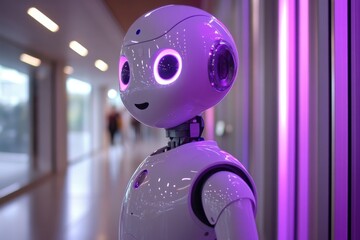 Robotics innovation shines with vibrant lights in a futuristic corridor featuring a friendly humanoid robot