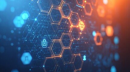 Obraz premium Abstract network with glowing hexagons and lines on a blue and orange background.