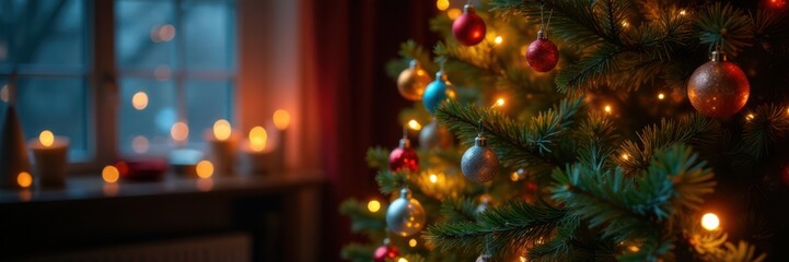 Close-up of a beautifully decorated Christmas tree with colorful ornaments and sparkling lights, shining brightly in the darkened room, christmas tree decorations, glittering lights