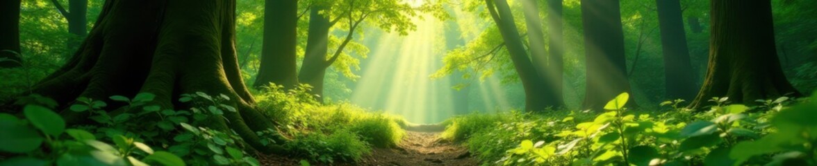 Obraz premium Sunlight filters through lush green foliage, casting dappled shadows on forest floor, shadows, forest floor