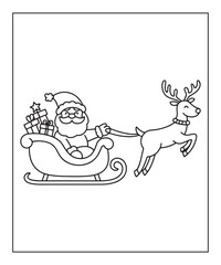 Santa claus on sleigh with reindeer christmas coloring page for kids, black line art vector illustration on white background 