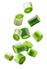 Sliced leek falling on transparent background