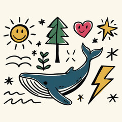 Vector illustration of a Fin whale Doodle illustration White Background