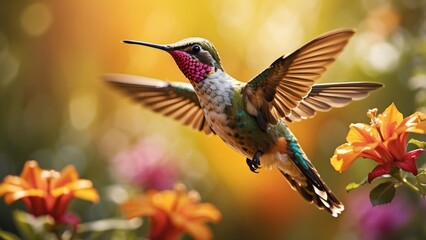 Fototapeta premium A vibrant hummingbird with iridescent blue and green feathers hovers mid-air