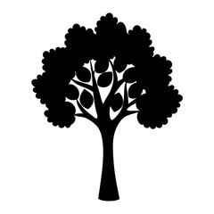 A stylized tree in silhouette with fruit or leaves visible within the branches