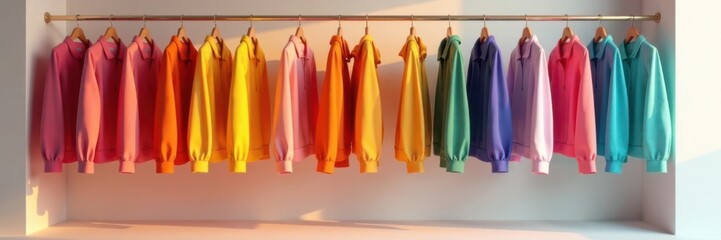 Minimalist wardrobe with colorful clothing items on a minimalist background , shop, stylish