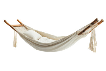 Serene beige hammock perfect for relaxation wooden frame off white fabric on transparent background