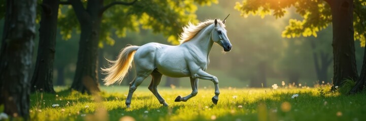 Obraz premium Majestic unicorn mare running freely in a forest, forest, horse