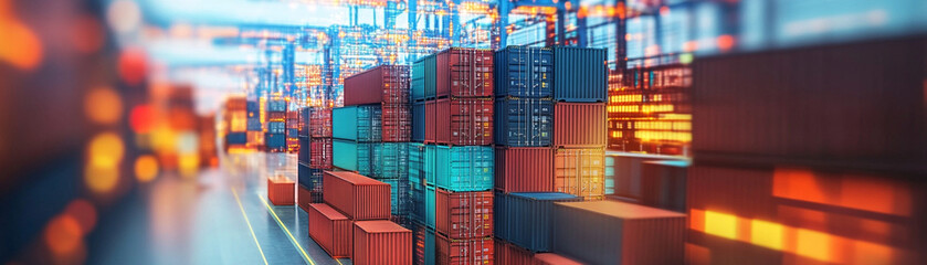 Shipping containers stacked in busy port with vibrant lighting