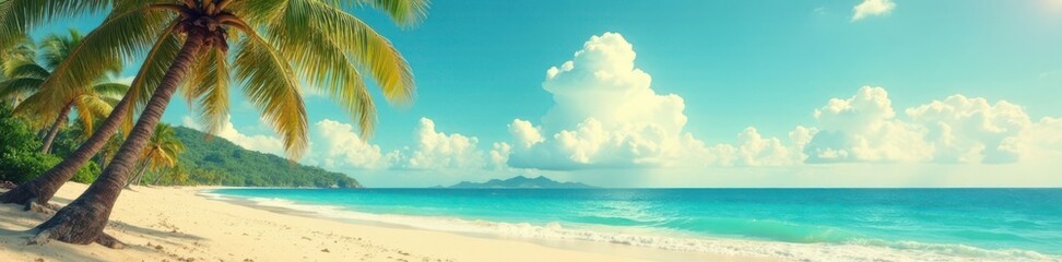 Vintage postcard style image of a beach scene with palm trees and a calm ocean, calm, retro