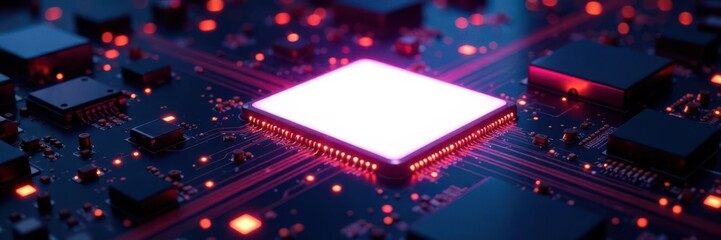 glowing white square in midst of pulsating LED lights and circuit boards, circuit board, glow