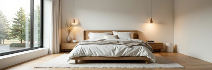 Bed in minimalist Scandinavian bedroom with king size bed, white linens, clean lines