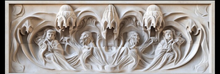 Stone carving relief with figures and foliage architectural detail.