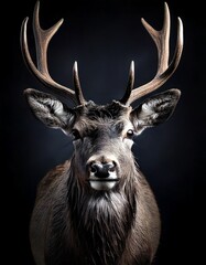 A majestic stag with large, branching antlers and a dark, textured coat is captured in a striking portrait against a stark black background.