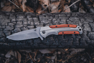 Hunting knife on background charred tree trunk. View from above.