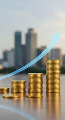 Investment Growth: Stacks of Coins Rising with Blue Arrow Graphic, Financial Success & Prosperity Concept