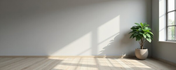 Empty room with grey walls, wooden floor and minimalist furniture, simplicity, minimalist furniture