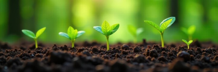 Naklejka premium Tender coffee seedlings emerging from soil in a forest ecosystem, forest, agriculture