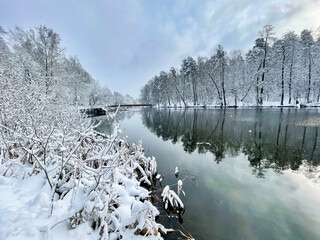 The Pekhorka River in April after a snowfall. Balashikha, Moscow Region, Russia
