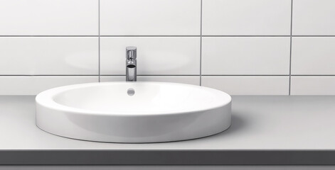 Fototapeta premium Modern round white ceramic bathroom sink with chrome faucet and tiles.