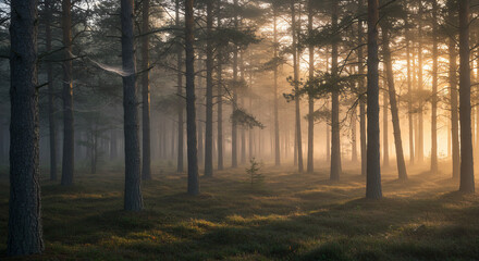 Naklejka premium Golden Haze: Sunlight Through a Misty Forest