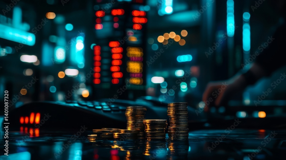 Fototapete Pile of gold coins sits on a table in front of a computer keyboard. The coins are shiny and reflect the light from the computer screen. The scene suggests a moment of contemplation or focus