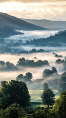 A beautiful scenic view of rolling hills and morning fog