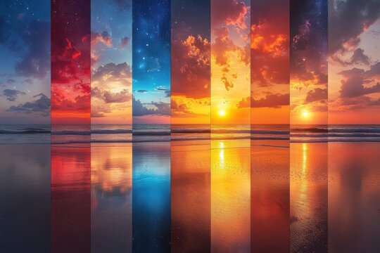 Colorful beach collage showing phases of sunset to starlit night sky
