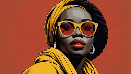 African Pop Art Poster Black Woman Yellow Scarf Red Glasses Black History Month Juneteenth Celebration Generative AI