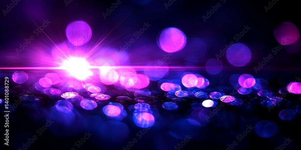 Poster purple background with a bright light shining on it. the light is surrounded by a bunch of purple do