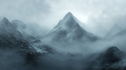 A mountainous landscape enveloped in swirling clouds and heavy mist