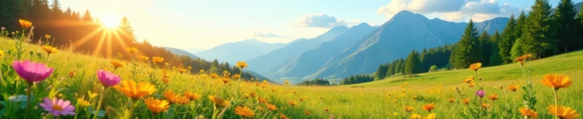 Obraz premium Sunlit meadow with wildflowers and mountains in the distance, green hills, wildflowers