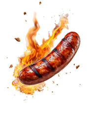 Grilled sausage with flames on transparent background