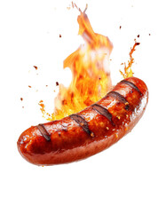 Grilled sausage with flames on transparent background