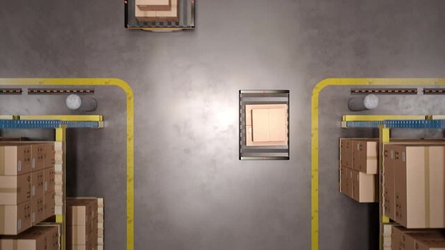 Autonomous AGV robots transporting cardboard boxes in an automated warehouse or distribution logistics center. Smart warehouse automation concept. Realistic high quality 3d rendering animation.