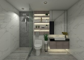 Minimalist 3D interior design of a small bathroom featuring a shower area, toilet, and vanity cabinet.