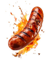 Grilled sausage with flames on transparent background