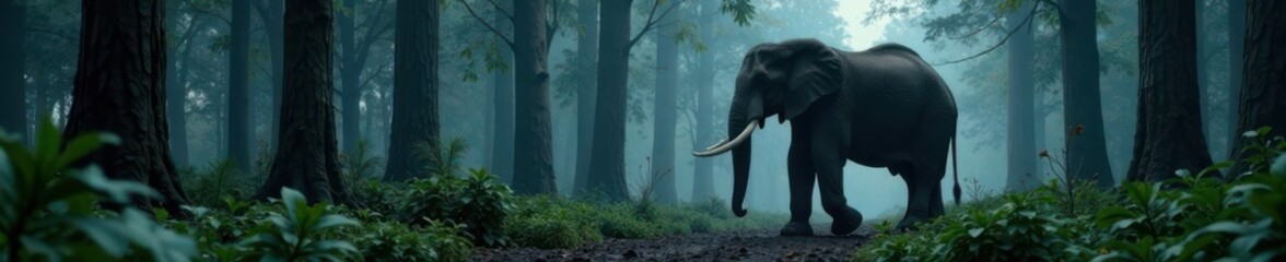 Fototapeta premium Majestic elephant standing alone in dark forest , silhouette, shadows