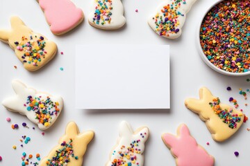 Fototapeta premium A delightful arrangement of colorful bunny-shaped cookies surrounds a blank card, perfect for festive greetings, with sprinkles adding to the visual appeal.