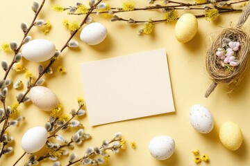 An inviting flat lay showcases Easter cheer with a nest, pastel-colored eggs, and delicate branches against a soft background. Perfect for conveying festive and spring emotions.