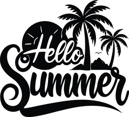 Black silhouette hello summer typography and beach retro