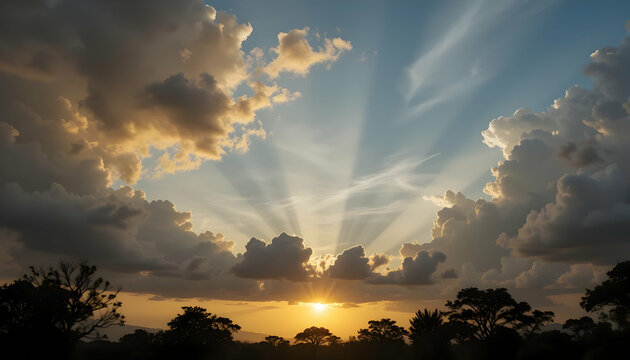 Golden Sunset Rays Dramatic Cloudscape Silhouette Trees
