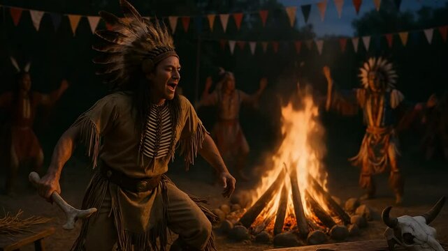 Native American Ceremony: A captivating scene of Native American ritual unfolds under the night sky, centered around a crackling bonfire.