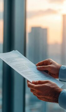 A document held between two hands in a boardroom filled with natural light, the skyline of a city visible through the windows, soft natural lighting, 3D render, medium shot.