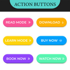 Set of vector modern trendy flat buttons.Vector.Call to action buttons;Read More, learn more, buy now,download,watch now, book more colorful button set.Different gradient colors and icons with shadows