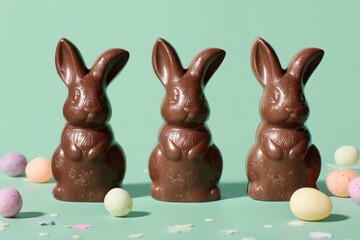 Three exquisitely crafted chocolate bunny figures stand poised amidst an array of pastel-colored Easter eggs and confetti.