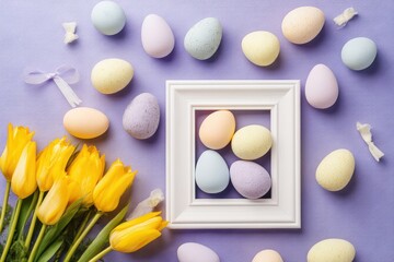 Obraz premium A vibrant display of pastel Easter eggs, arranged with fresh yellow tulips and a decorative frame, evoking the freshness and anticipation of springtime.