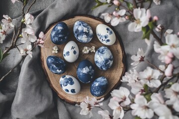 Flat lay vintage-inspired Easter eggs dyed blue tones floral motifs, resting wooden slice and linen. Surrounded  blossoms. A serene, artistic spring composition evoking handmade charm and nostalgia
