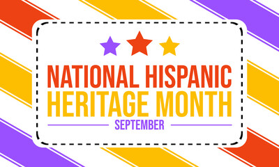 national hispanic heritage month september banner with bright purple, yellow and orange diagonal stripes and stitched border to celebrate latino culture illustration
